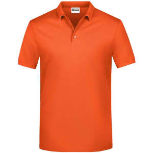 An orange polo shirt featuring a collar and three buttons, with a logo on the chest.
