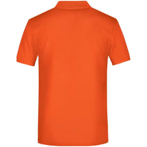 An orange polo shirt featuring a collar and short sleeves, with a small logo on the back.
