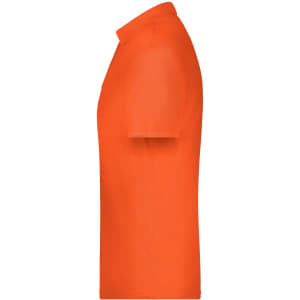 An orange polo shirt featured in a side view with a collar and short sleeves, including a logo.