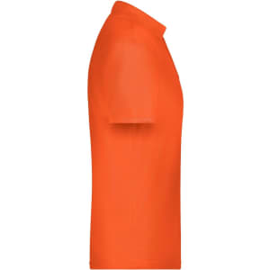 An orange polo shirt displayed from the side, featuring a logo on the chest area.