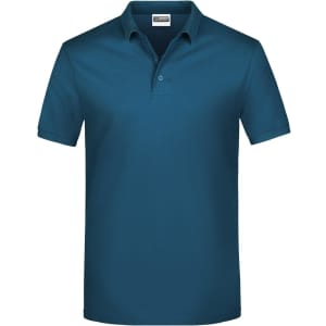 A teal polo shirt with a classic collar and short sleeves, featuring a logo on the chest area.