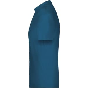 A side view of a teal polo shirt with a collar and short sleeves, featuring a logo.