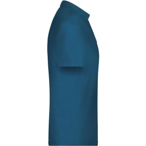 A blue polo shirt displayed from the side, featuring short sleeves and a collar. The shirt has a logo on it.