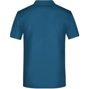 A navy blue polo shirt with a collar and short sleeves, featuring a logo on the back.