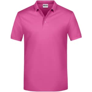 A pink polo shirt with a collar and three buttons, featuring a logo on the chest.
