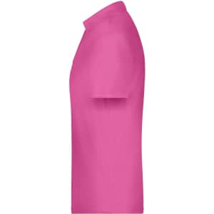 A pink polo shirt with a collar, featuring a logo on the front. It is displayed from the side view.