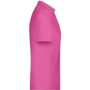 A pink polo shirt displayed from the side, featuring a collar and short sleeves. The shirt includes a logo.