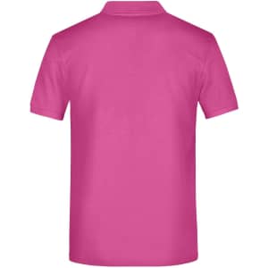 A pink polo shirt featuring a collar and short sleeves, with a branding logo on the back.