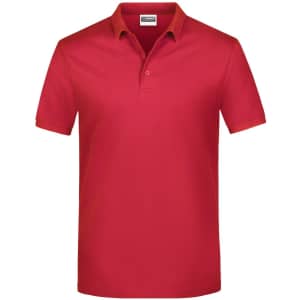 A red polo shirt featuring a collar and three buttons, with a small logo on the chest area.