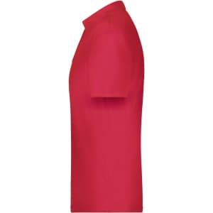A red polo shirt displayed in profile, featuring a collar and short sleeves. It includes a branding logo.