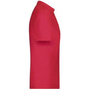 A red polo shirt with a collar and short sleeves, featuring a logo on the front.