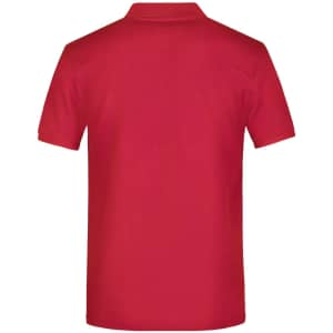 A red polo shirt featuring a collar and short sleeves, with a small logo on the back.