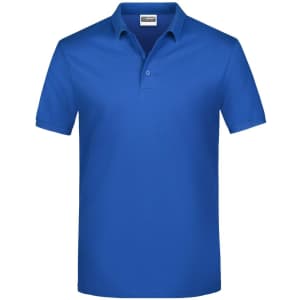 A blue polo shirt with a classic collar and short sleeves, featuring a logo on the chest.