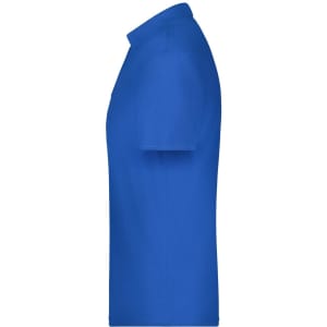 A blue polo shirt with a collar, featuring a side view and including a logo.