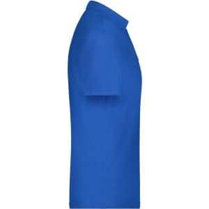 A blue polo shirt with a collar and short sleeves. It features a logo on the chest.