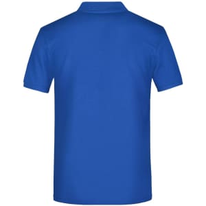 A blue polo shirt with a collar, featuring a logo on the back.