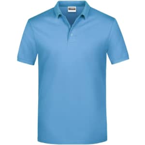 A light blue polo shirt featuring a classic design and a logo on the chest.