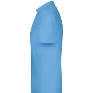 A light blue polo shirt featuring a collar and short sleeves, with a logo on the front.