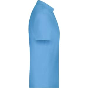 A light blue polo shirt with a side view, featuring a logo on the chest.