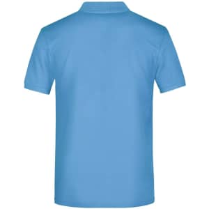 A blue polo shirt with a short-sleeve design and a collar, featuring a logo on the back.