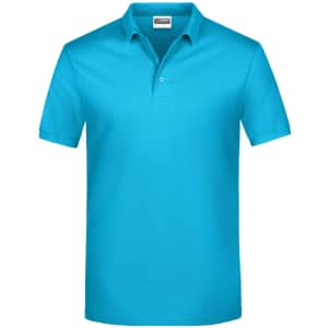 A bright turquoise polo shirt with a collar and three buttons, featuring a branding logo.