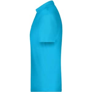 A polo shirt in bright blue, featuring a collar and short sleeves, with a logo on the chest.