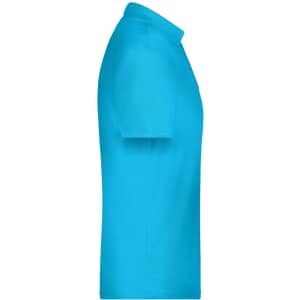A side view of a turquoise polo shirt featuring a collar and short sleeves, with a logo present.