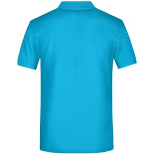 A bright turquoise polo shirt with a classic cut and a collar, featuring a logo on the back.