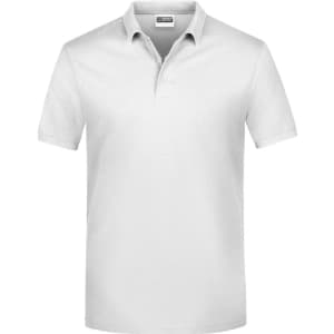 A plain white polo shirt with a collar, short sleeves, and a logo on the chest area.
