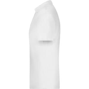 A white polo shirt is displayed, featuring a collar and short sleeves, with a logo on the side.