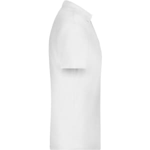 A white polo shirt on a plain background, featuring a collar and short sleeves. It has a logo on the fabric.