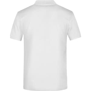 A plain white polo shirt featuring a back view and a collar, with a logo on the upper back.