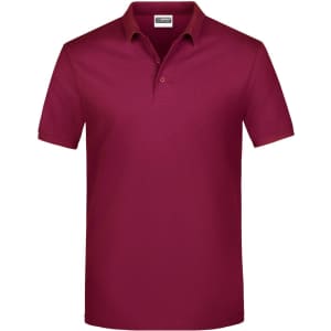 A maroon polo shirt featuring a collar and three buttons, with a logo on the left side.