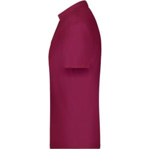 A maroon polo shirt with a collar and short sleeves, featuring a logo.