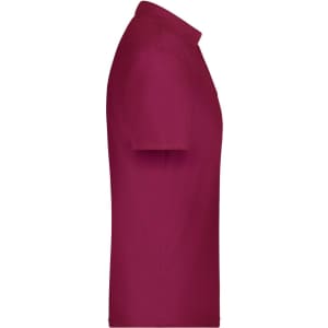 A side view of a maroon polo shirt featuring a logo.