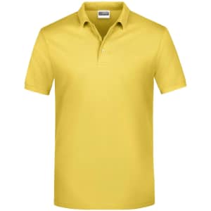A yellow polo shirt with a classic collar and short sleeves, featuring a logo on the chest.