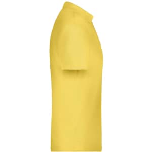 A yellow polo shirt displayed from the side, featuring a collar and short sleeves, with a branding logo.