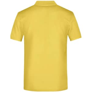 A yellow polo shirt featuring short sleeves and a collar, with a logo on the back.