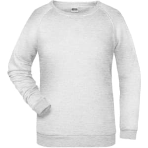 A grey ladies' jumper with long sleeves and a round neckline, featuring a logo.