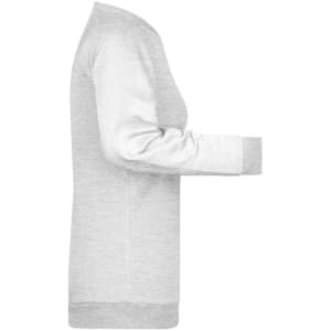 A grey ladies' jumper with a relaxed fit, featuring long sleeves and a ribbed hemline. It has a logo.