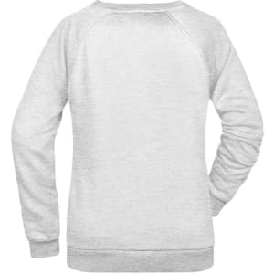 A grey ladies' sweater with a crew neck and long sleeves, featuring a logo on the back.