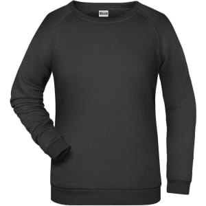 A black ladies' sweater with a crew neckline and long sleeves, featuring a plain design and a logo.