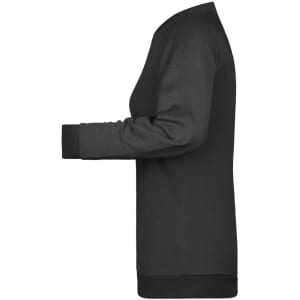 A black ladies' promotional sweater displayed from the side, featuring long sleeves and a ribbed hem.