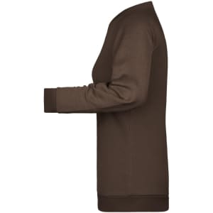 A brown ladies' jumper with a relaxed fit and long sleeves, featuring contrasting cuffs. It has a logo on the side.