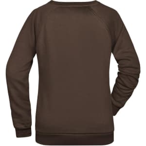 A brown ladies jumper with a simple design, featuring long sleeves and a crew neck. It includes a logo.