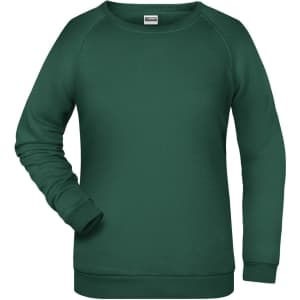 A green ladies' sweatshirt with a crew neckline and long sleeves, featuring a branding logo.