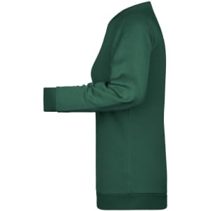 A green ladies' sweater featuring a simple design and a logo, shown from the side.