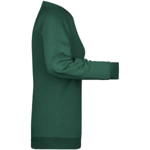 A green ladies' sweater with a fitted silhouette and long sleeves, featuring a logo on it.