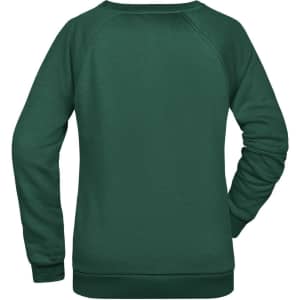 A green ladies' sweatshirt featuring a classic design and a small logo on the back.