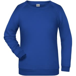 A blue ladies' sweatshirt with a round neckline and long sleeves, featuring a logo.